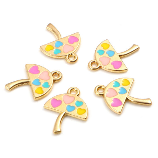 Immagine di Lega di Zinco San Valentino Charms Umbrello Oro Placcato Multicolore Cuore Smalto 19mm x 15mm , 10 Pz