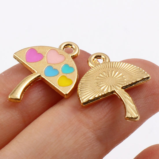 Immagine di Lega di Zinco San Valentino Charms Umbrello Oro Placcato Multicolore Cuore Smalto 19mm x 15mm , 10 Pz