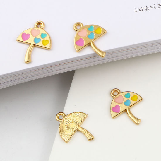Immagine di Lega di Zinco San Valentino Charms Umbrello Oro Placcato Multicolore Cuore Smalto 19mm x 15mm , 10 Pz