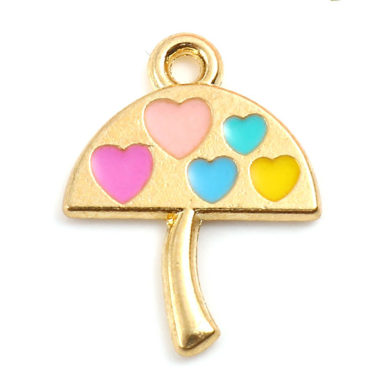 Immagine di Lega di Zinco San Valentino Charms Umbrello Oro Placcato Multicolore Cuore Smalto 19mm x 15mm , 10 Pz