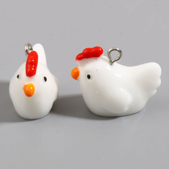 Bild von Harz Charms Huhn Silberfarbe Weiß 24mm x 19mm - 23mm x 18mm, 10 Stück