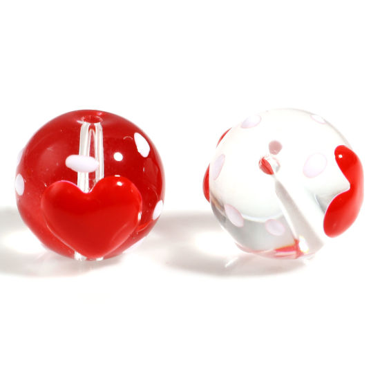 Bild von Glas Valentinstag Perlen Rund Rot Herz Transparent ca. 12mm D., Loch: 1.5mm, 2 Stück