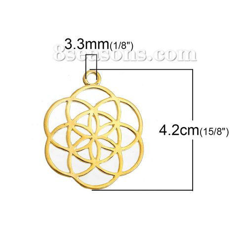 Picture of Zinc Based Alloy Seed Of Life Pendants Flower Gold Plated Hollow Carved 42mm(1 5/8") x 34mm(1 3/8"), 5 PCs