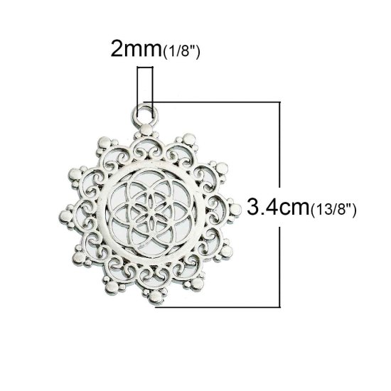 Picture of Zinc Based Alloy Seed Of Life Pendants Flower Silver Tone Hollow Carved 34mm(1 3/8") x 30mm(1 1/8"), 5 PCs