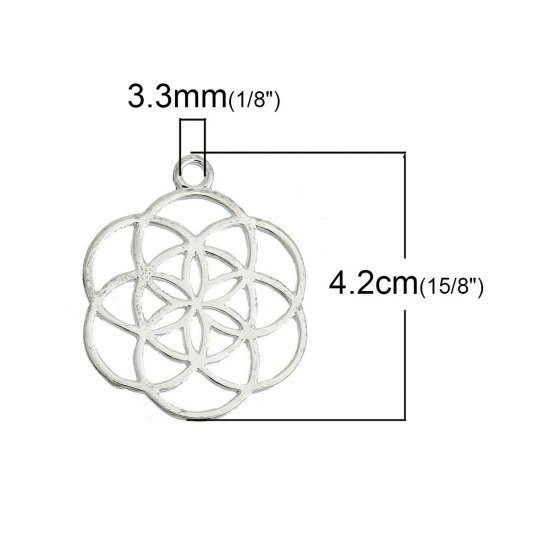 Picture of Zinc Based Alloy Seed Of Life Pendants Flower Silver Plated Hollow Carved 42mm(1 5/8") x 34mm(1 3/8"), 5 PCs