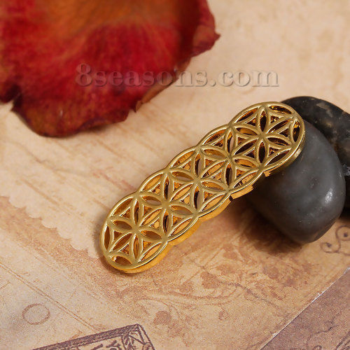 Picture of Brass Flower Of Life Connectors Findings Curve Rectangle Gold Plated Hollow Carved 3.5cm(1 3/8") x 1.2cm( 4/8"), 2 PCs                                                                                                                                        
