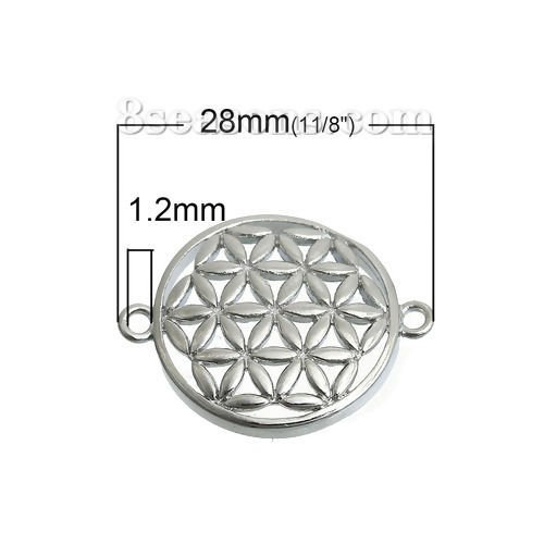Picture of Brass Flower Of Life Connectors Findings Round Silver Tone Pattern Hollow Carved 21mm( 7/8") x 16mm( 5/8"), 2 PCs                                                                                                                                             