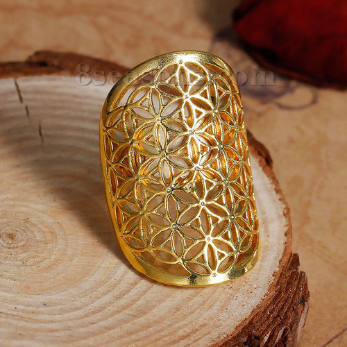 Picture of New Fashion Brass Adjustable Flower Of Life Rings Gold Plated Hollow Carved 17.9mm( 6/8")(US size 7.5), 1 Piece                                                                                                                                               