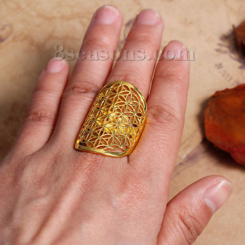 Bild von Messing Lebensblume Einstellbar Ring Vergoldet Hohl (US Größe:7.5) 17.9mm 1 Stück                                                                                                                                                                             