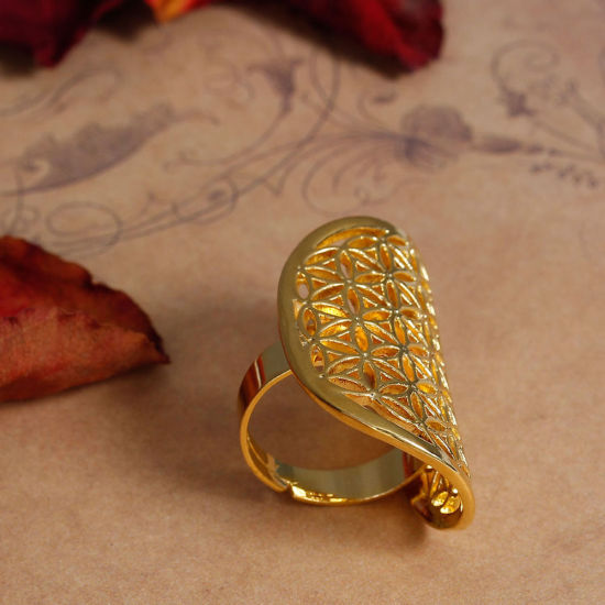 Picture of New Fashion Brass Adjustable Flower Of Life Rings Gold Plated Hollow Carved 17.9mm( 6/8")(US size 7.5), 1 Piece                                                                                                                                               