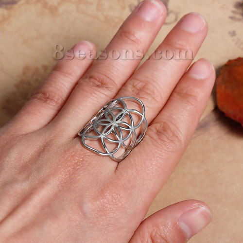 Picture of New Fashion Brass Adjustable Seed Of Life Rings Silver Tone Hollow Carved 17.1mm( 5/8")(US size 6.75), 1 Piece                                                                                                                                                