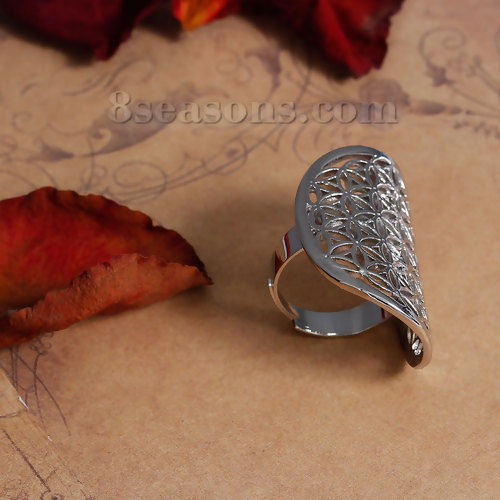 Picture of New Fashion Brass Adjustable Flower Of Life Rings Silver Tone Hollow Carved 17.9mm( 6/8")(US size 7.5), 1 Piece                                                                                                                                               
