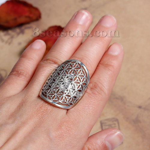 Picture of New Fashion Brass Adjustable Flower Of Life Rings Silver Tone Hollow Carved 17.9mm( 6/8")(US size 7.5), 1 Piece                                                                                                                                               