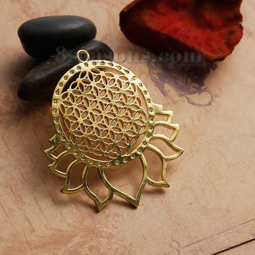 Picture of Brass Flower Of Life Pendants Gold Plated Hollow Carved 4.6cm(1 6/8") x 4cm(1 5/8"), 1 Piece                                                                                                                                                                  