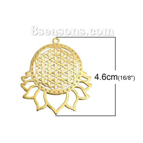 Picture of Brass Flower Of Life Pendants Gold Plated Hollow Carved 4.6cm(1 6/8") x 4cm(1 5/8"), 1 Piece                                                                                                                                                                  