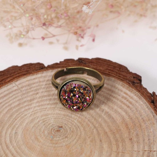 Picture of New Fashion Copper Adjustable Druzy /Drusy Rings Round Antique Bronze Multicolor AB Color 16.7mm( 5/8")(US size 6.25), 2 PCs