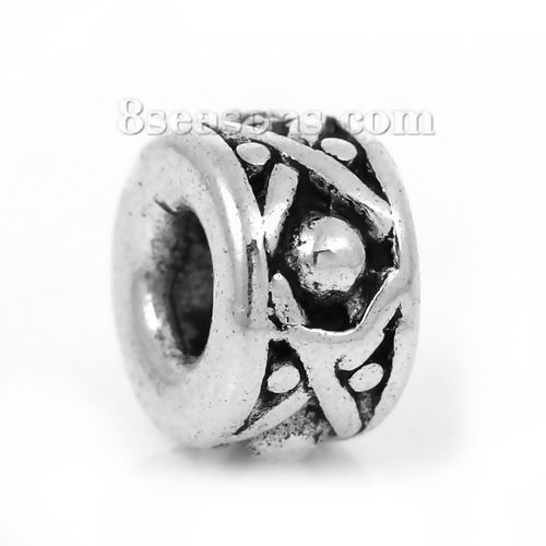 Immagine di Lega di Zinco Separatori Perline Cilindrico Argento Antico Polka Dot Scolpisce Circa 8mm x 5mm, Foro:Circa 3.2mm, 30 Pz