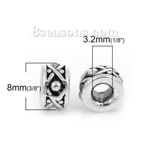 Immagine di Lega di Zinco Separatori Perline Cilindrico Argento Antico Polka Dot Scolpisce Circa 8mm x 5mm, Foro:Circa 3.2mm, 30 Pz