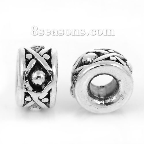 Immagine di Lega di Zinco Separatori Perline Cilindrico Argento Antico Polka Dot Scolpisce Circa 8mm x 5mm, Foro:Circa 3.2mm, 30 Pz