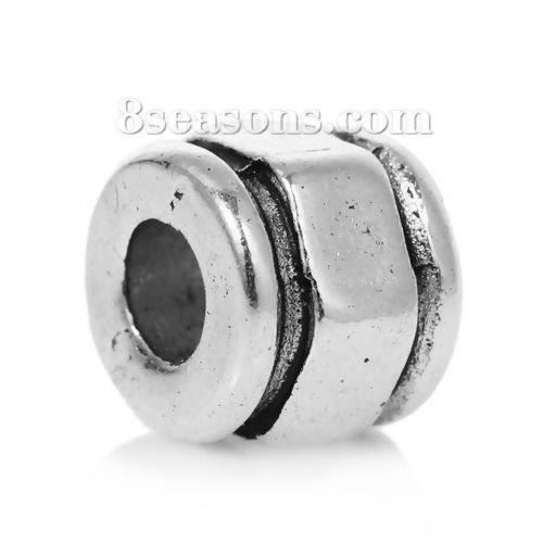 Picture of Zinc Based Alloy Spacer Beads Hexagon Prism Antique Silver Color Stripe Carved Faceted About 6mm x5mm, Hole:Approx 2.6mm, 30 PCs