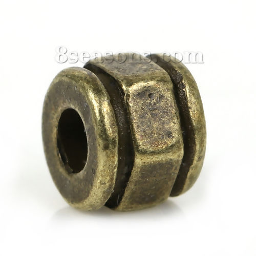 Image de Perles en Alliage de Zinc Forme Hexagone Prisme Bronze Antique Rayées Gravé A Facettes 6mm x 6mm, Tailles de Trous: 2.6mm, 30 Pcs