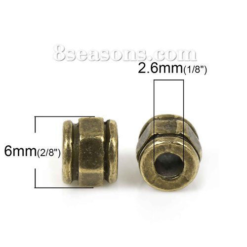 Image de Perles en Alliage de Zinc Forme Hexagone Prisme Bronze Antique Rayées Gravé A Facettes 6mm x 6mm, Tailles de Trous: 2.6mm, 30 Pcs