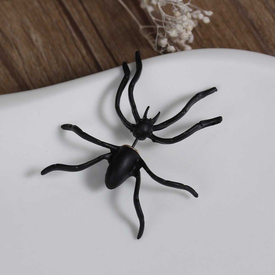 Picture of 3D Double Sided Ear Post Stud Earrings Halloween Spider Animal Black 43mm(1 6/8") x 40mm(1 5/8"), Post/ Wire Size: (21 gauge), 1 Piece