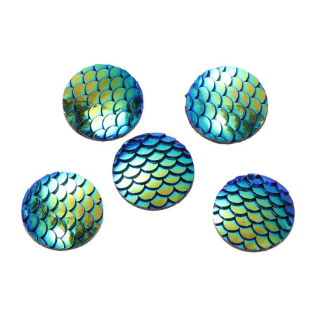 Picture of Resin Mermaid Fish /Dragon Scale Dome Seals Cabochon Round Blue AB Color 18mm( 6/8") Dia, 10 PCs