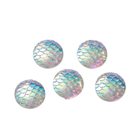 Picture of Resin Mermaid Fish /Dragon Scale Dome Seals Cabochon Round Clear AB Color 18mm( 6/8") Dia, 10 PCs