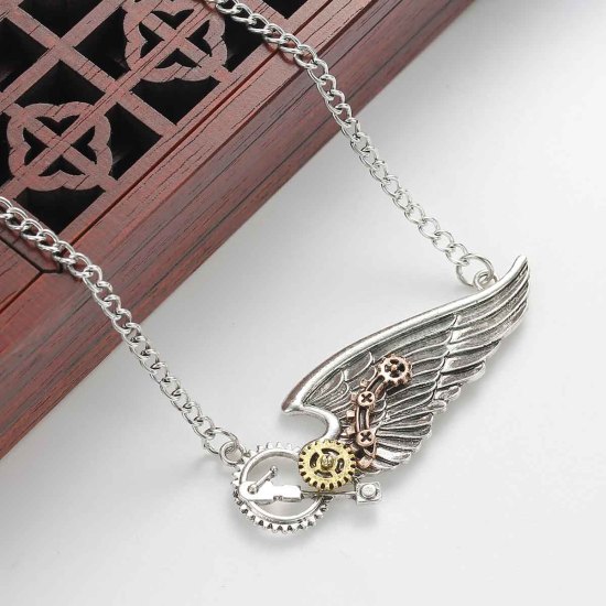 Picture of New Fashion Steampunk Necklace Link Curb Chain Antique Silver Color Wing Gear Connector 63.2cm(24 7/8") long, 1 Piece