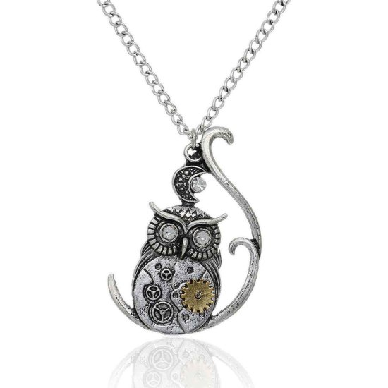 Picture of Halloween Steampunk Necklace Link Curb Chain Antique Silver Color Owl Moon Gear Pendant With Clear Rhinestone 57.5cm(22 5/8") long, 1 Piece