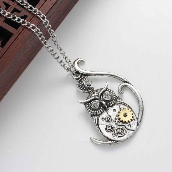Picture of Halloween Steampunk Necklace Link Curb Chain Antique Silver Color Owl Moon Gear Pendant With Clear Rhinestone 57.5cm(22 5/8") long, 1 Piece