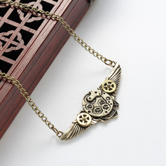 Picture of New Fashion Steampunk Necklace Link Curb Chain Antique Bronze Wing Gear Connector 64.2cm(25 2/8") long, 1 Piece