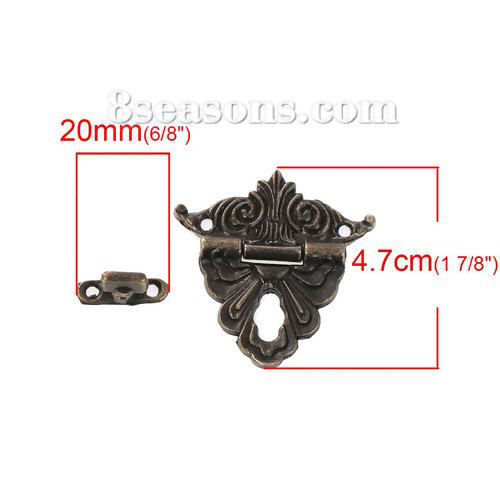 Picture of Iron Based Alloy Cabinet Box Lock Catch Latches Antique Bronze Pattern Carved 47mm x45mm(1 7/8" x1 6/8") 20mm x6mm( 6/8" x 2/8"), 5 Sets