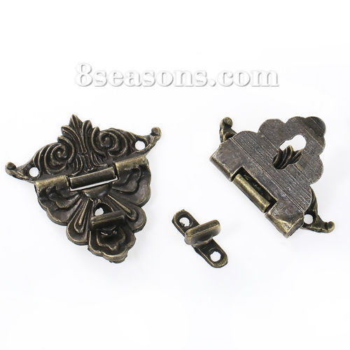 Picture of Iron Based Alloy Cabinet Box Lock Catch Latches Antique Bronze Pattern Carved 47mm x45mm(1 7/8" x1 6/8") 20mm x6mm( 6/8" x 2/8"), 5 Sets