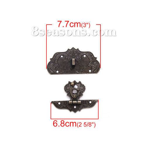 Picture of Zinc Based Alloy Cabinet Box Lock Catch Latches Antique Bronze Pattern Carved 77mm x38mm(3" x1 4/8") 68mm x48mm(2 5/8" x1 7/8"), 2 Sets