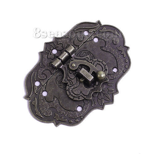 Picture of Zinc Based Alloy Cabinet Box Lock Catch Latches Antique Bronze Pattern Carved 77mm x38mm(3" x1 4/8") 68mm x48mm(2 5/8" x1 7/8"), 2 Sets