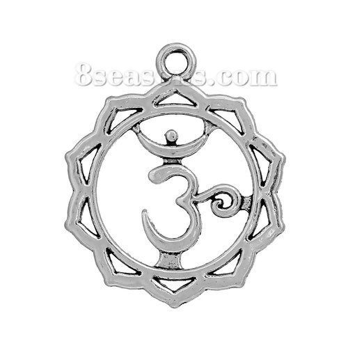 Immagine di Lega di Zinco Yoga Ciondoli Fiore Argento Antico Sahasrara Scolpito Filigrana 32mm x 26mm , 20 Pz