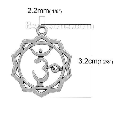 Immagine di Lega di Zinco Yoga Ciondoli Fiore Argento Antico Sahasrara Scolpito Filigrana 32mm x 26mm , 20 Pz