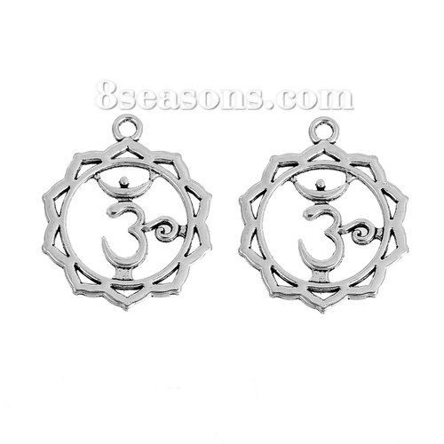 Immagine di Lega di Zinco Yoga Ciondoli Fiore Argento Antico Sahasrara Scolpito Filigrana 32mm x 26mm , 20 Pz