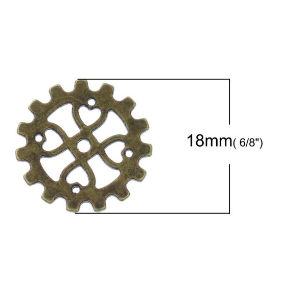 亜鉛合金 スティームパンク チャーム ペンダント ギア 銅古美 ハート彫刻 透かし 18mm直径、 50 個 の画像