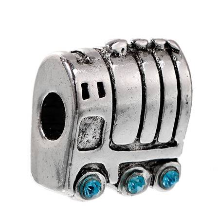 Image de Perles à Gros Trou au Style Européen en Alliage de Zinc Train Argent Vieilli à Strass Bleu 17mm x 15mm - 16mm x 15mm, Tailles de Trous: 5.0mm, 3 Pcs