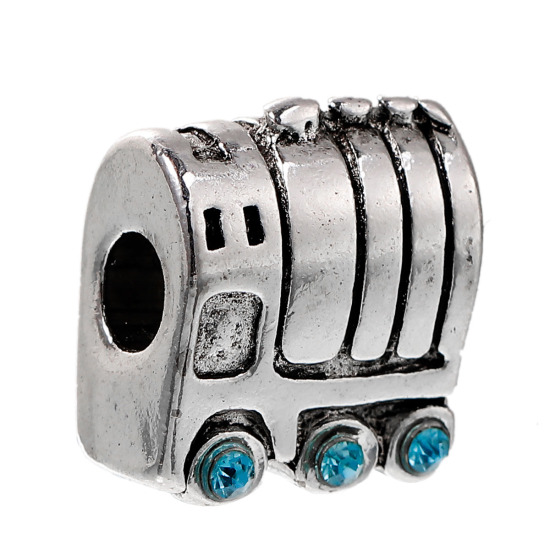 Picture of Zinc Based Alloy European Style Large Hole Charm Beads Train Antique Silver Color Blue Rhinestone About 17mm x15mm - 16mm x15mm, Hole: Approx 5mm, 3 PCs