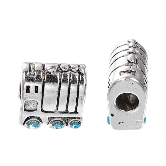 Picture of Zinc Based Alloy European Style Large Hole Charm Beads Train Antique Silver Color Blue Rhinestone About 17mm x15mm - 16mm x15mm, Hole: Approx 5mm, 3 PCs
