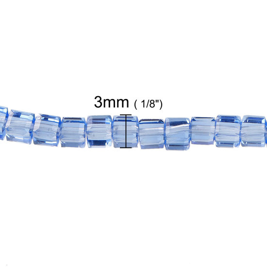 Picture of Glass Loose Beads Square Light Blue Transparent Faceted About 3mm x 3mm, Hole: Approx 0.8mm, 28.8cm long, 1 Piece (Approx 100 PCs/Strand)