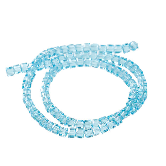 Picture of Glass Loose Beads Square Lake Blue Transparent Faceted About 3mm x 3mm, Hole: Approx 0.8mm, 30.7cm long, 1 Piece (Approx 100 PCs/Strand)