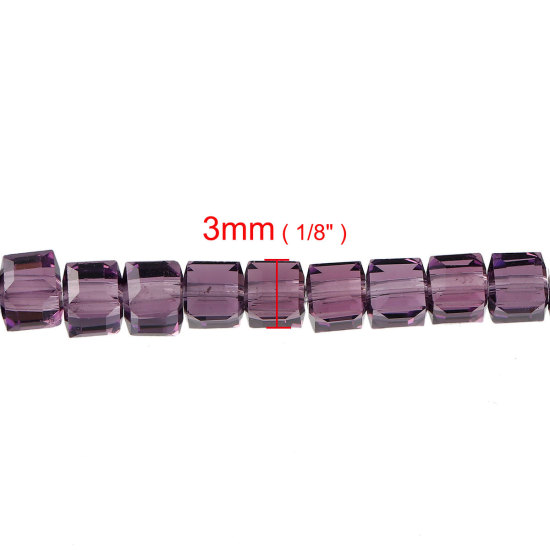 Bild von Glas Perlen Würfel Violett Transparent Facettiert ca. 3mm x 3mm, Loch: 0.8mm, 31cm lang, 1 Streif (ca. 100 Stücke/Strang)