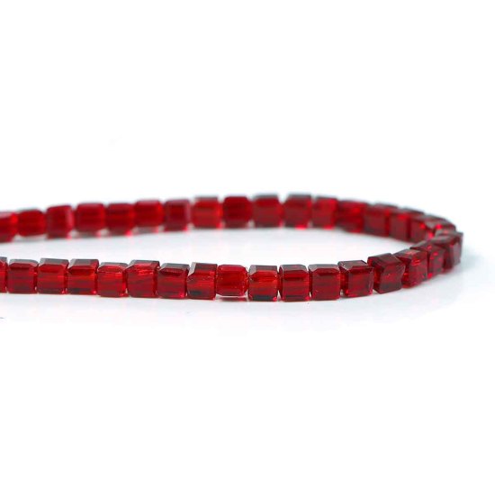 Picture of Glass Loose Beads Square Dark Red Transparent Faceted About 3mm x 3mm, Hole: Approx 0.8mm, 28.7cm long, 1 Piece (Approx 100 PCs/Strand)