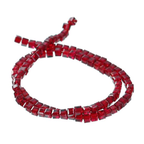 Picture of Glass Loose Beads Square Dark Red Transparent Faceted About 3mm x 3mm, Hole: Approx 0.8mm, 28.7cm long, 1 Piece (Approx 100 PCs/Strand)