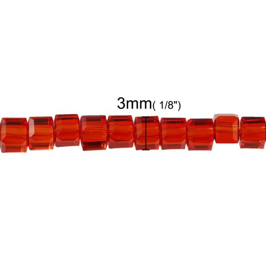 Bild von Glas Perlen Würfel Rot Transparent Facettiert ca. 3mm x 3mm, Loch: 0.8mm, 29.3cm lang, 1 Streif (ca. 100 Stücke/Strang)